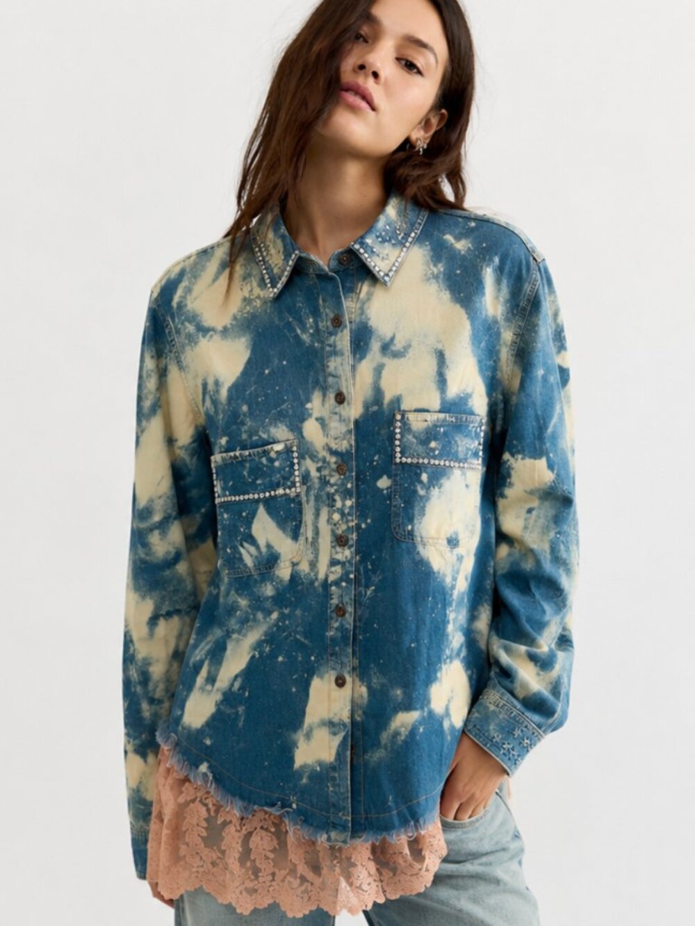 A RARE BIRD BLEACH OUT PATCH BACK RHINESTONE TRIM DENIM SHIRT - Picture 4 of 12